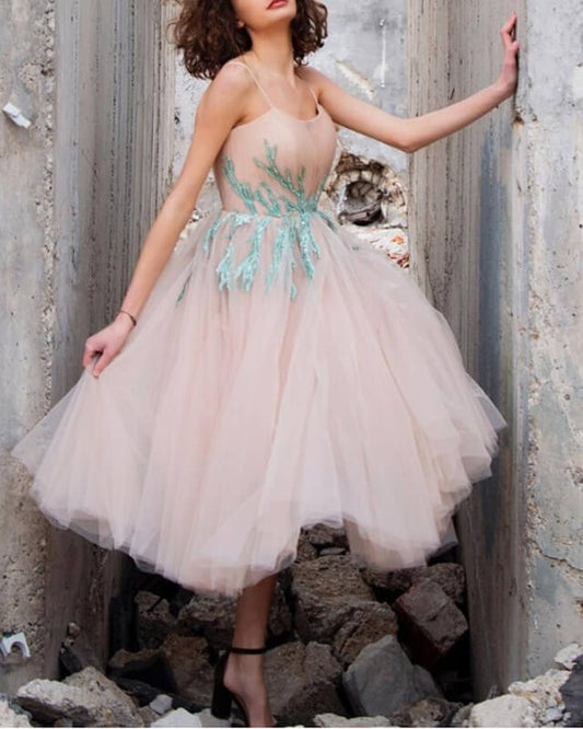 Nude Tulle Sweetheart Embroidery Tea Length Ball Gown