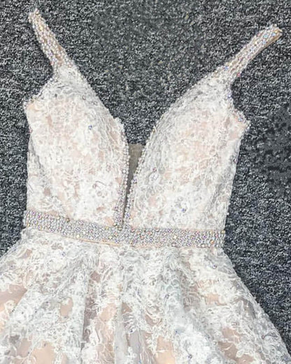 Ivory Lace Plunging V-neck Homecoming Dress