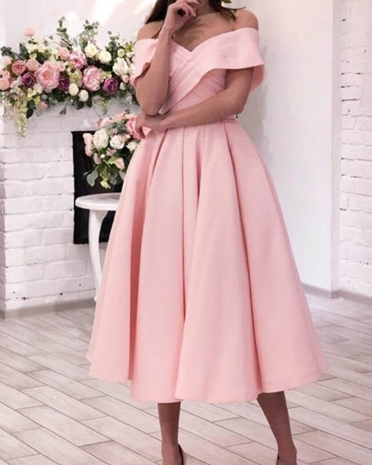 Blush Satin Off The Shoulder Tea Length Party Dress