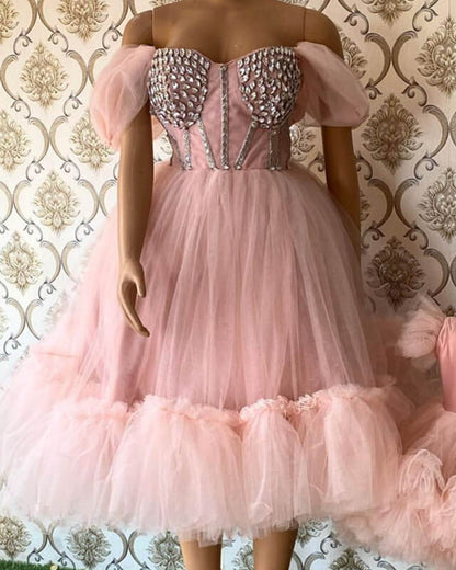 Pink Tulle Beaded Corset Off The Shoulder Midi Dress
