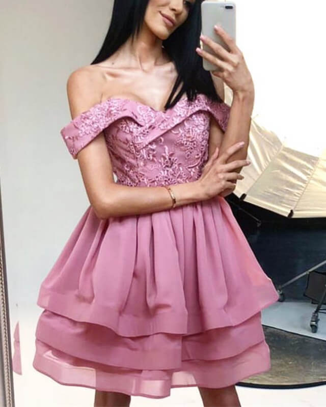 Mauve Off The Shoulder Lace Appliques Homecoming Dress