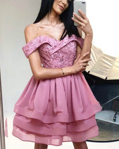 Mauve Off The Shoulder Lace Appliques Homecoming Dress