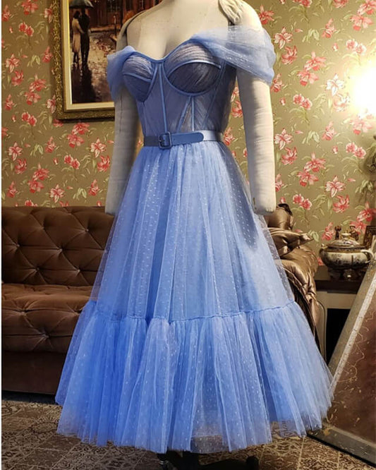 Blue Dot Tulle Off-the-shoulder Corset Dress