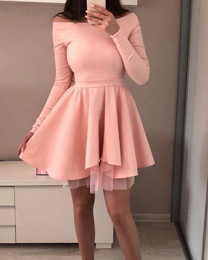 Off-the-shoulder Long Sleeve Satin Cocktail Dress