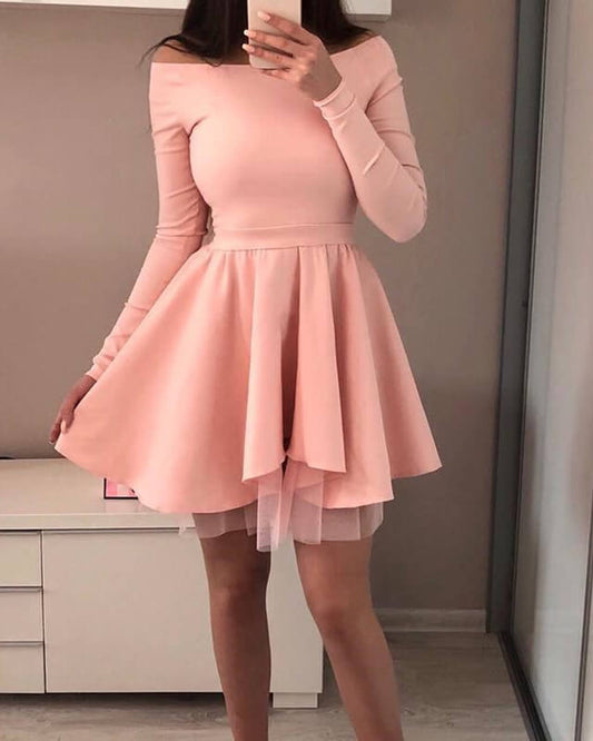 Off-the-shoulder Long Sleeve Satin Cocktail Dress
