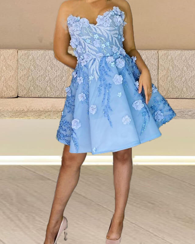 Light Blue 3D Flowers Mini Dress