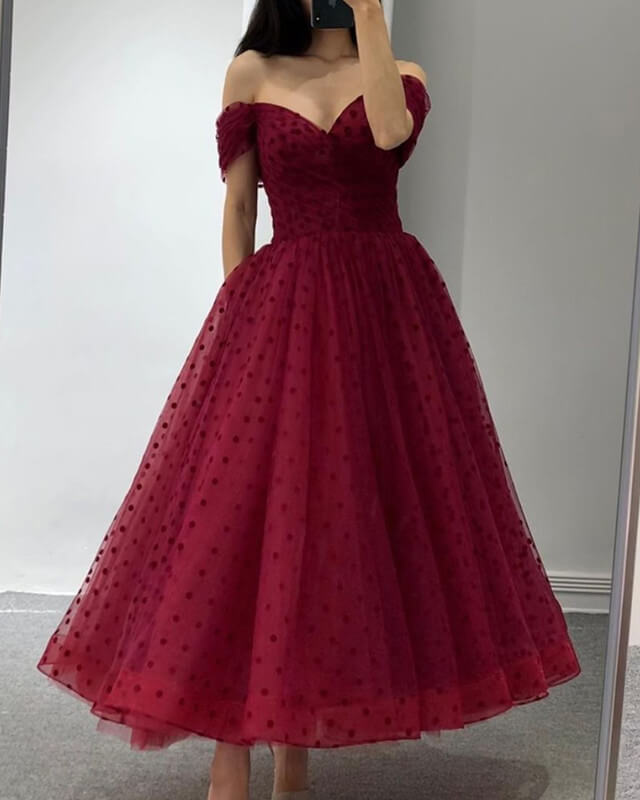 Burgundy Dot Tulle Midi Homecoming Dresses