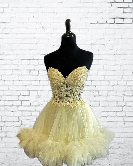 Short Yellow Lace Corset Ruffle Hemline Dress