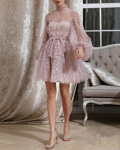 Long Sleeve Hearty Tulle Mini Dress