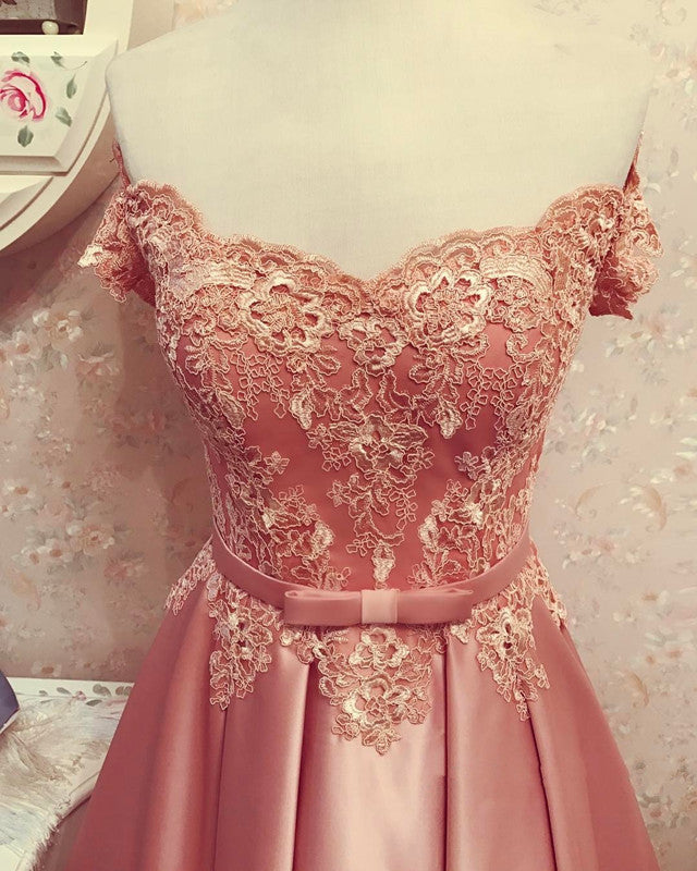 Lace Off Shoulder Satin Homecoming Dresses Bow Sashes