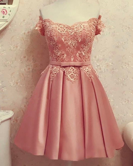 Lace Off Shoulder Satin Homecoming Dresses Bow Sashes