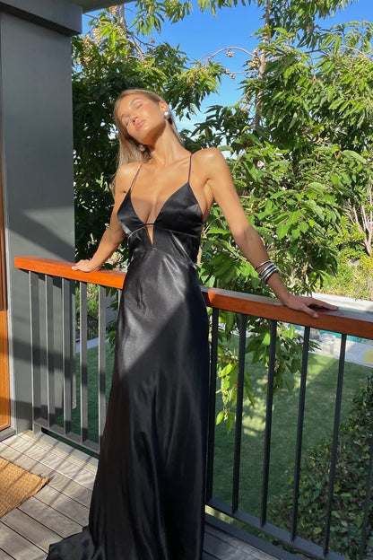Simple A Line Spaghetti Straps Black Long Prom Dresses