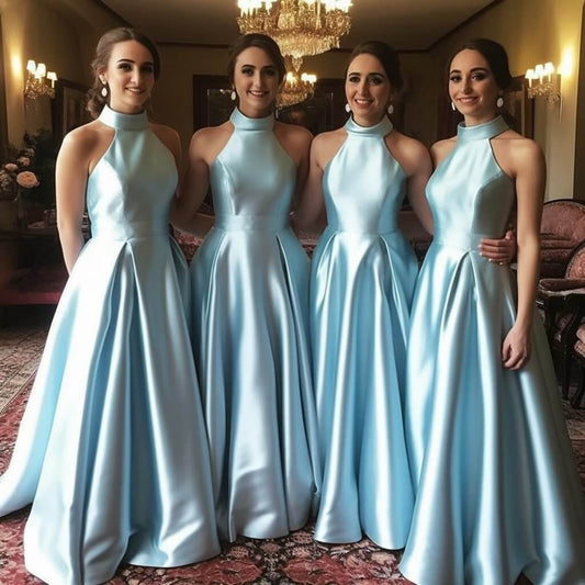 A Line Hot Halter Blue Satin Bridesmaid Dresses Sleeveless Wedding Party Dresses