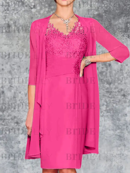 Two Piece Ruffle Chiffon Mother of the Bride Outfit Lace Short Wedding Guest Dress