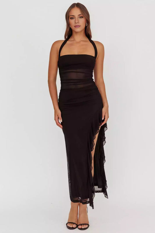 Hot mesh extra long lining with backless side slit, featuring ruffled edges and zippered sides Prom Dresses