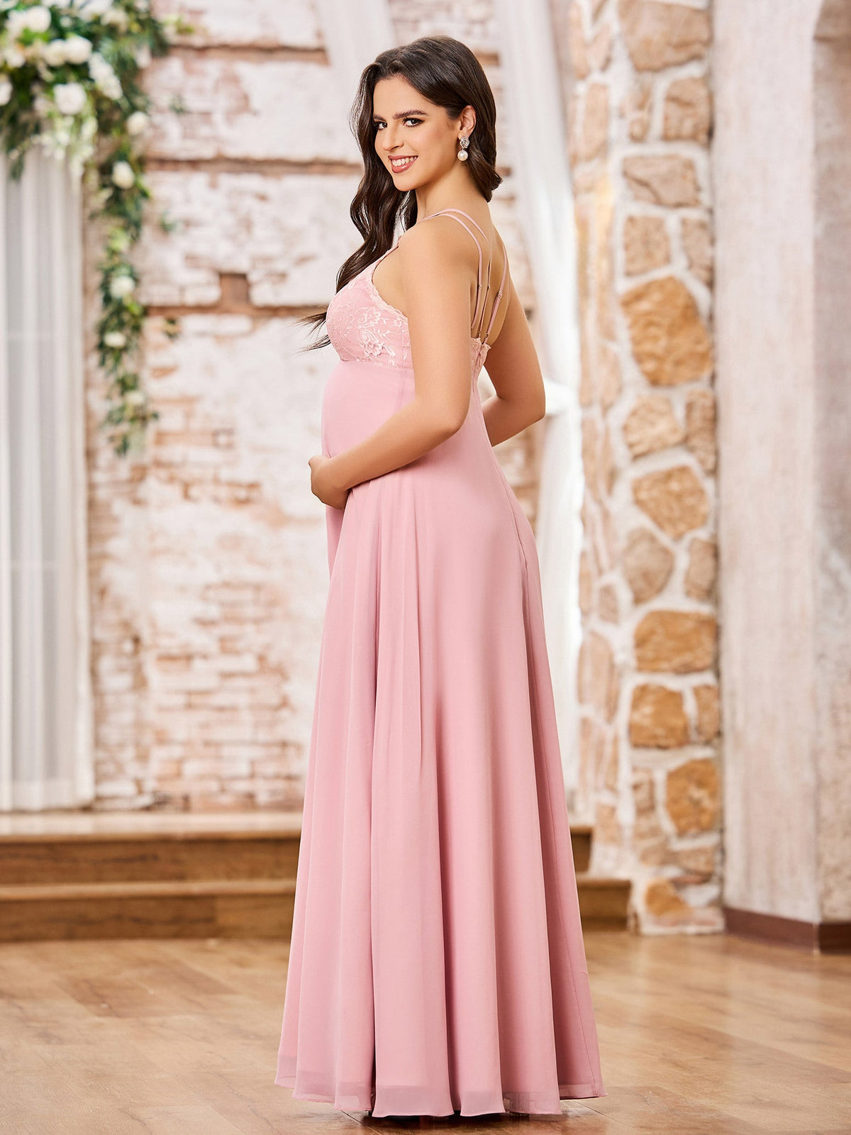 Bateau Neck Lace Top Chiffon Skirt Long Maternity Dresses Dusty Rose