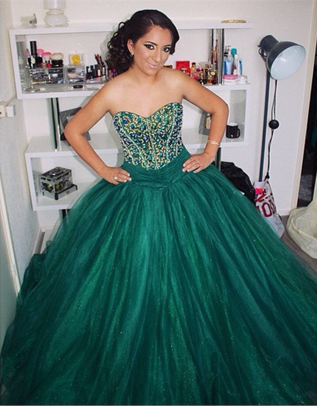 Hunter Green Organza Quinceanera Dresses Ball Gowns Crystal Beaded Sweetheart