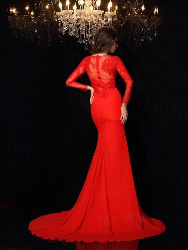 Sheath/Column Scoop Lace Long Sleeves Long Chiffon Dresses - RongMoon