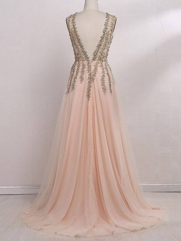 A-Line/Princess V-Neck Sleeveless Sweep/Brush Train Beading Tulle Dresses - RongMoon