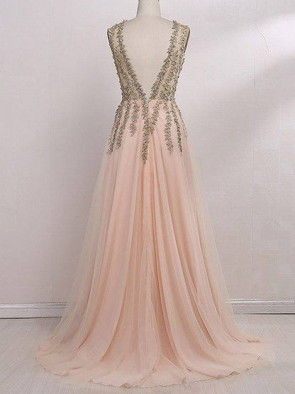 A-Line/Princess V-Neck Sleeveless Sweep/Brush Train Beading Tulle Dresses - RongMoon