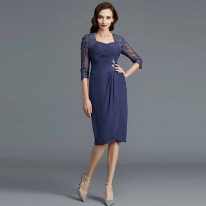 Gray Mother Of The Bride Dresses Sheath Knee Length Chiffon Appliques With Jacket Short Groom Mother Dresses For Weddings - RongMoon