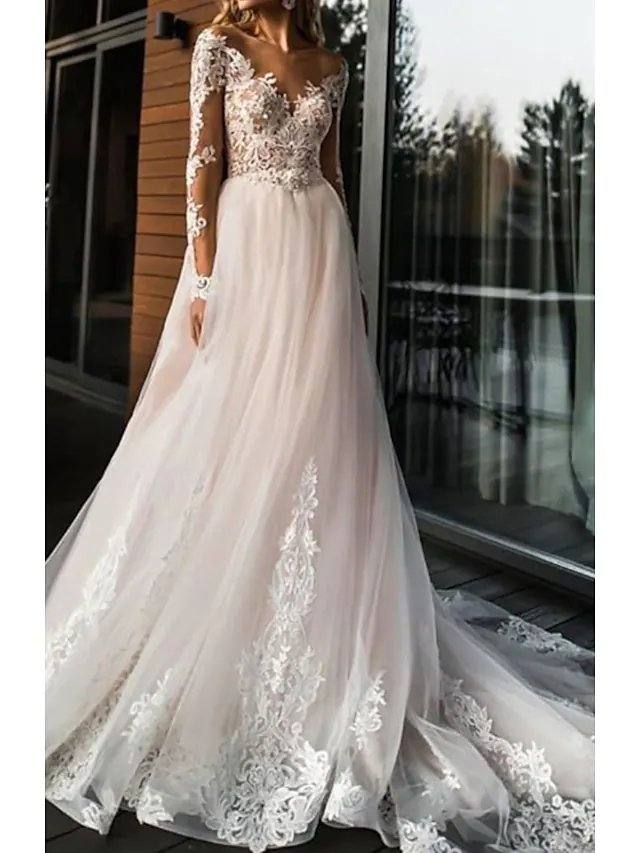 A-Line Wedding Dresses V Neck Sweep / Brush Train Lace Tulle Long Sleeve Romantic Boho Illusion Sleeve with Appliques - RongMoon