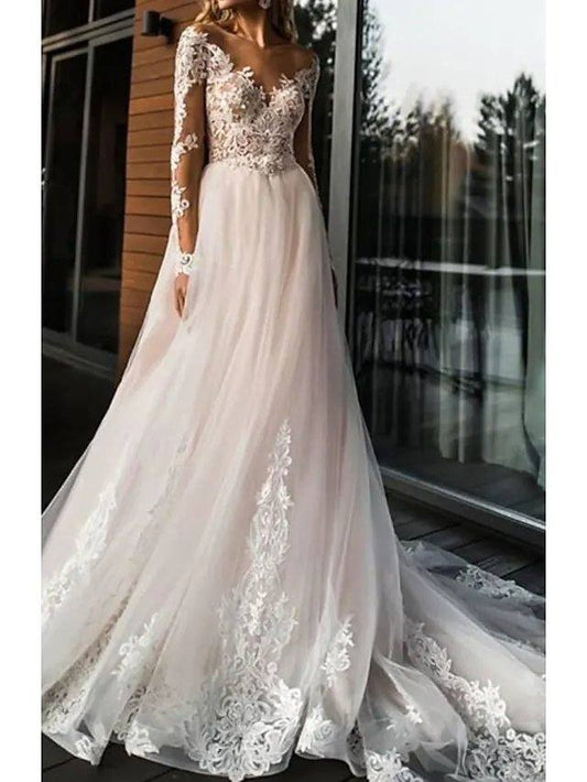 A-Line Wedding Dresses V Neck Sweep / Brush Train Lace Tulle Long Sleeve Romantic Boho Illusion Sleeve with Appliques - RongMoon