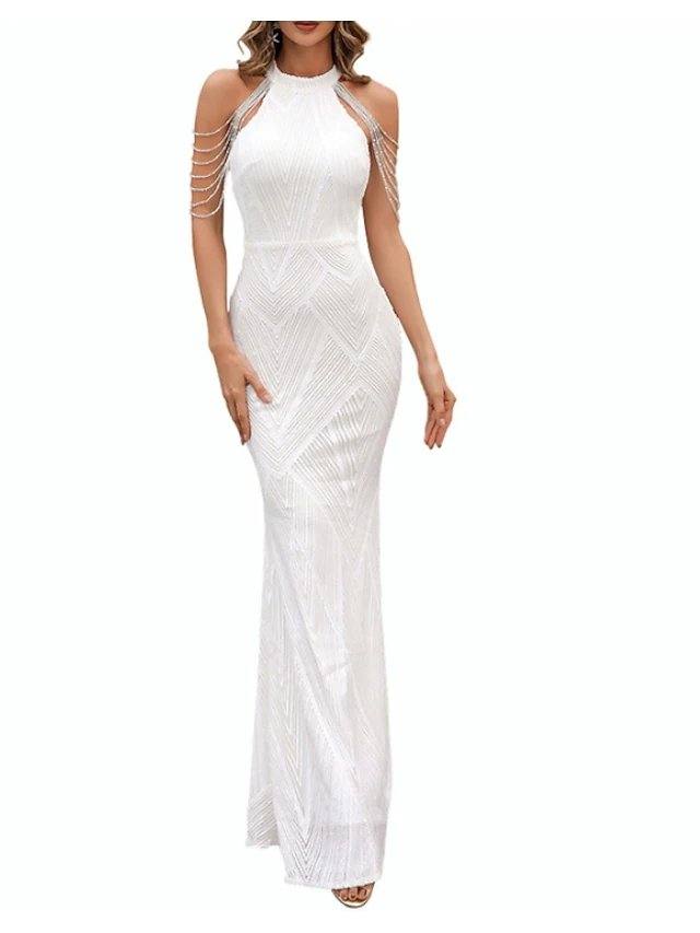 Sheath / Column Luxurious Sexy Party Wear Formal Evening Dress Halter Neck Sleeveless Floor Length Sequined Cotton with Sequin Tassel - RongMoon