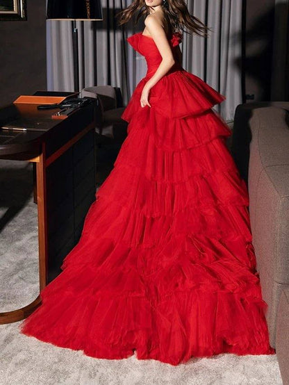 A-Line Convertible Princess Engagement Prom Dress Strapless Sleeveless Detachable Tulle with Pleats Tier - RongMoon