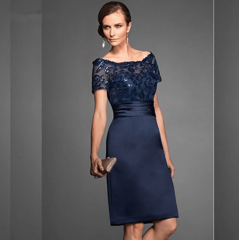 Navy Blue Mother Of The Bride Dresses Sheath Knee Length Sequins Plus Size Wedding Party Dress Mother Dress For Wedding - RongMoon
