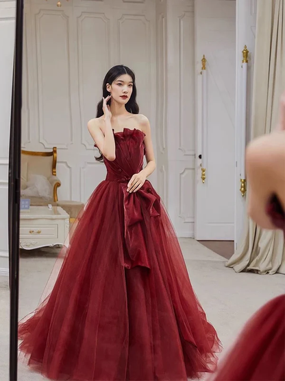 Pretty Burgundy Strapless Tulle Long Prom Dress Party Evening Dress  cc1920