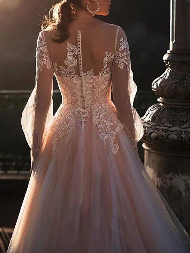A-Line Wedding Dresses Jewel Neck Sweep / Brush Train Lace Tulle Long Sleeve Sexy Wedding Dress in Color See-Through with Embroidery Appliques - RongMoon