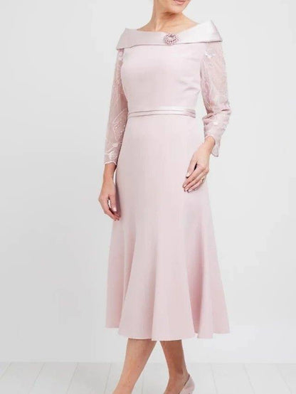 A-Line Mother of the Bride Dress Elegant Jewel Neck Tea Length Lace Satin Long Sleeve with Pleats Beading - RongMoon