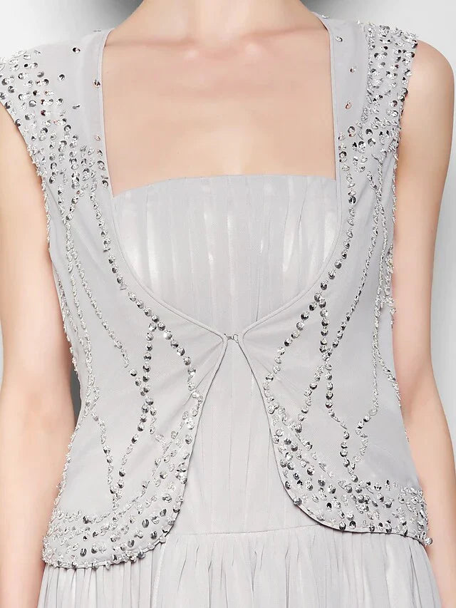 A-Line Mother of the Bride Dress Vintage Inspired Square Neck Floor Length Chiffon Sleeveless with Beading Draping