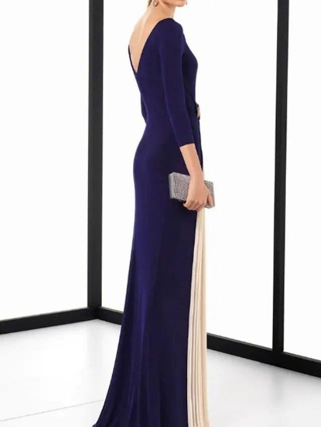 Sheath / Column Minimalist Elegant Wedding Guest Formal Evening Dress Jewel Neck 3/4 Length Sleeve Sweep / Brush Train Spandex Chiffon with Sash / Ribbon Pleats - RongMoon