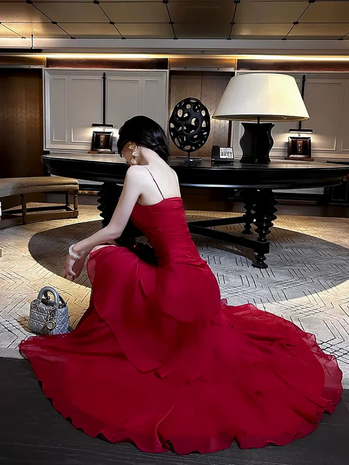Beautiful Red Chiffon Layered Evening Dress Spaghetti Straps Prom Party Dress cc1928