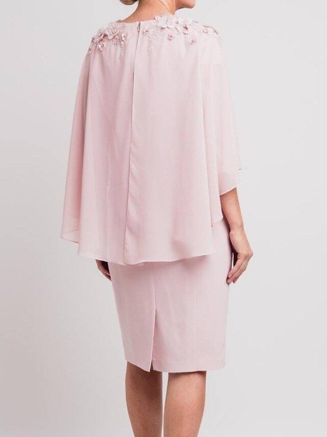 Sheath / Column Mother of the Bride Dress Elegant V Neck Knee Length Chiffon 3/4 Length Sleeve with Appliques - RongMoon