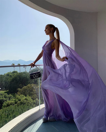 Sexy V Neck Lilac Tulle Prom Dress Long Party Evening Gown cc2087