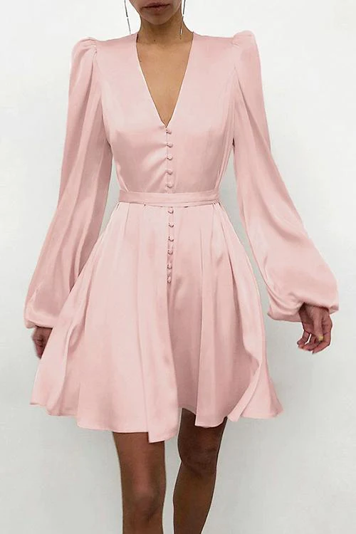 Satin V Neck Puff Long Sleeve Mini Dress Black Short Party Dress cc295