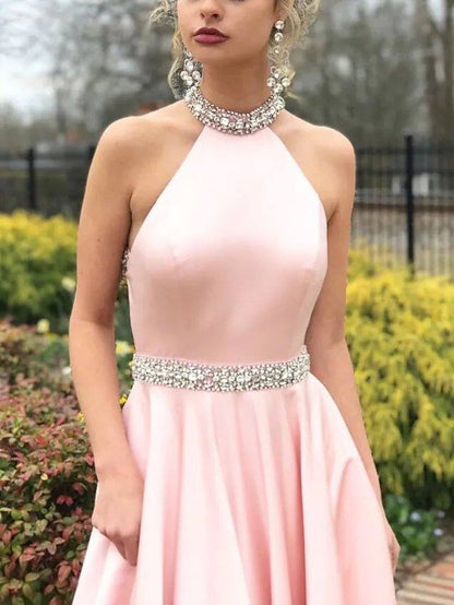 A-Line Beautiful Back Elegant Engagement Prom Dress Halter Neck Sleeveless Sweep / Brush Train Satin with Beading - RongMoon