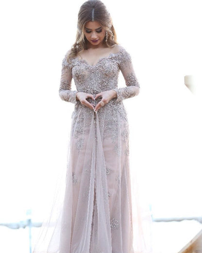 Gray Lace Appliques Long Sleeves Mermaid Off Shoulder Evening Dress With Split