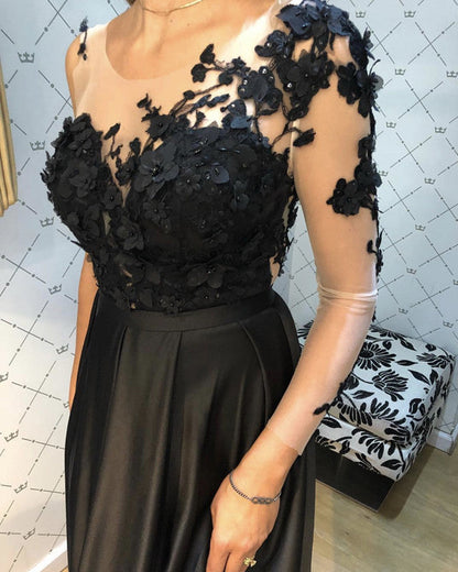 Lace Long Sleeves Satin Prom Evening Dresses One Shoulder