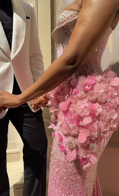 Gorgeous Gradient Pink Mermaid 3D Floral Sequined Long Prom Dress Evening Dress cc4907