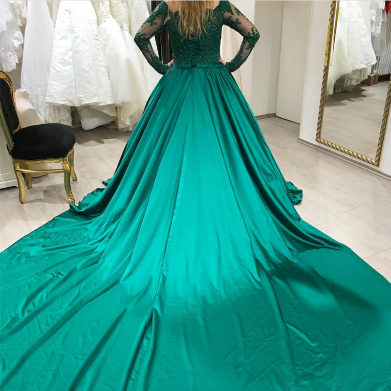 Green Lace Long Sleeves Satin Prom Dresses Ball Gowns