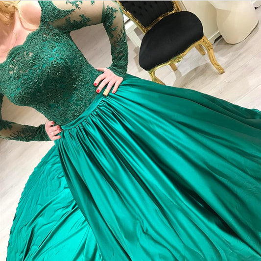 Green Lace Long Sleeves Satin Prom Dresses Ball Gowns