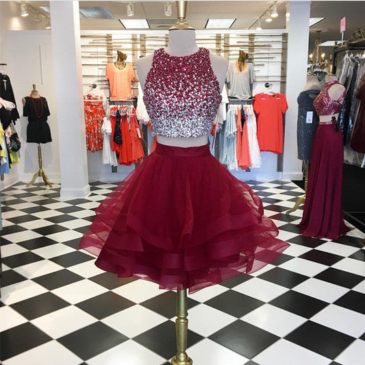 Ombre Sequins Beaded Ruffle Homecoming Dresses Two Piece