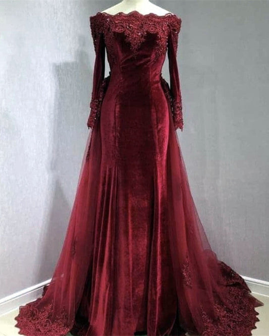Long Sleeves Velvet Mermaid Prom Dresses Detachable Skirt