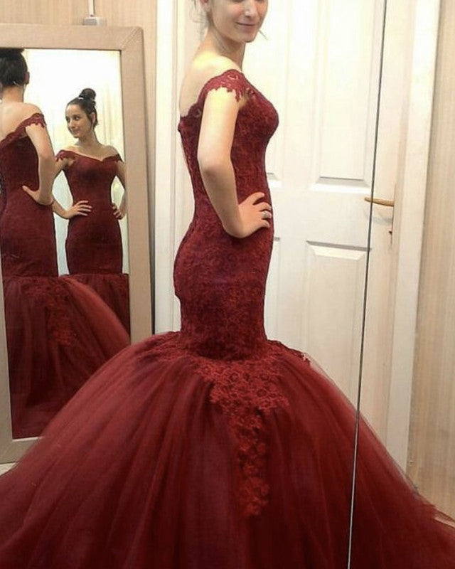 Mermaid V-neck Prom Dresses Lace Off Shoulder