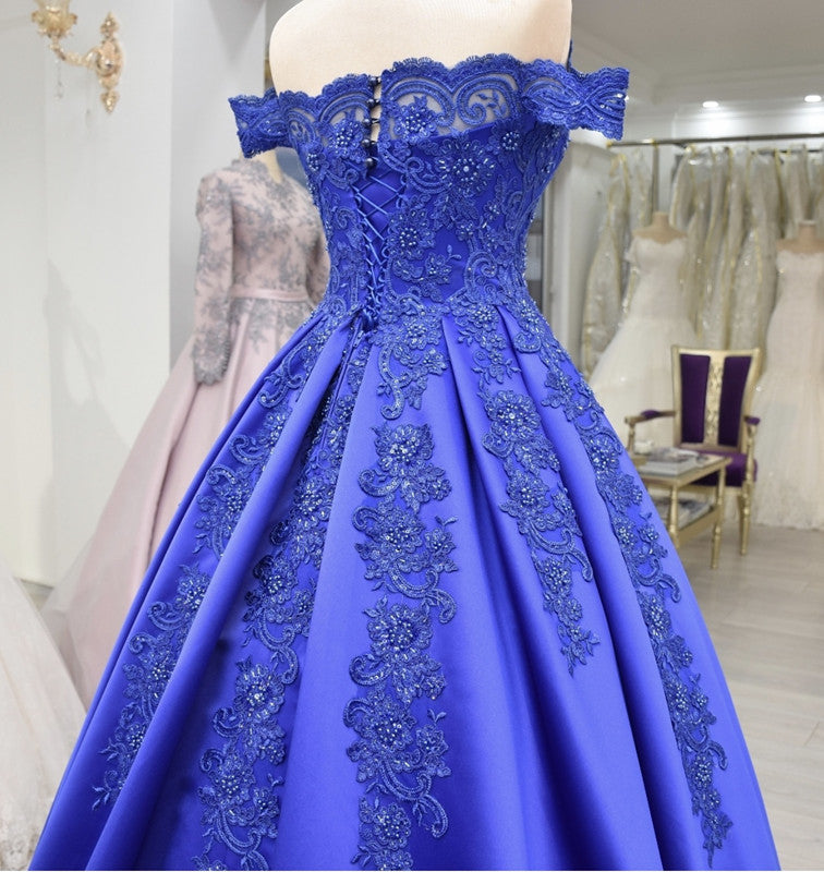 Off Shoulder Long Satin Evening Dresses Lace Embroidery