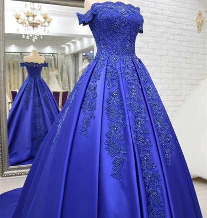 Off Shoulder Long Satin Evening Dresses Lace Embroidery